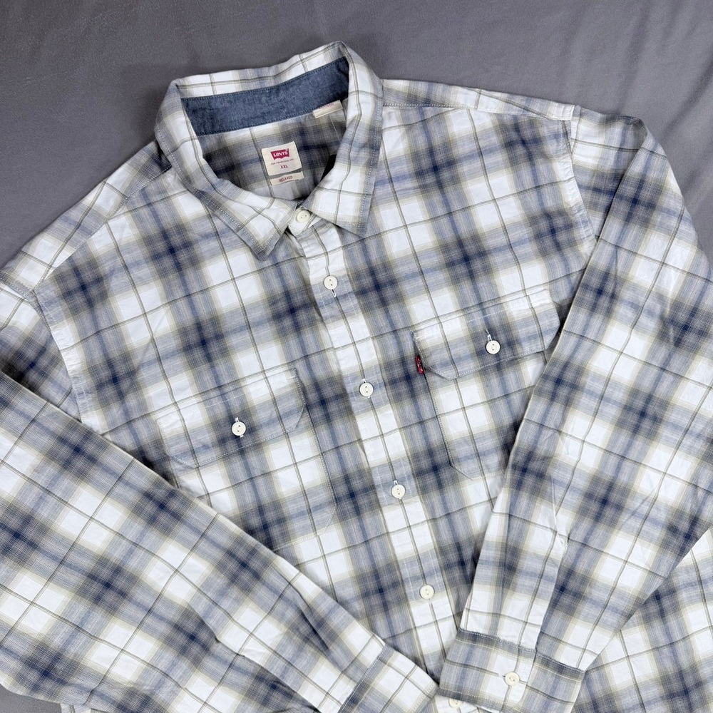 Levi's Mens XXL Blue White Plaid 100% Cotton Relaxed Fit The Worker Button Shirt